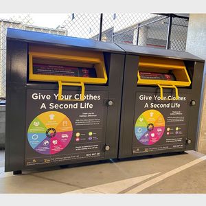 Clothing Donation Recycling Bin Powder Coated Steel Slanted Top Outdoor Community Mall Cabinet
