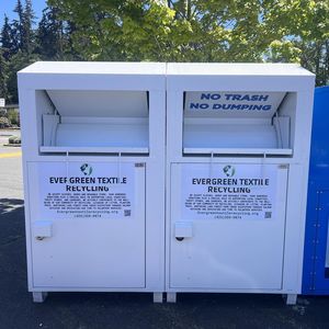 Clothing Donation Recycling Bin Powder Coated Steel Slanted Top Vertical Front Loading Outdoor Community Park Receptacle