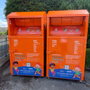 Clothing Donation Recycling Bin Powder Coated Steel Weatherproof Vertical Front Loading Outdoor Community Street Cabinet