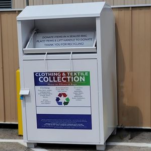 Clothing Donation Recycling Bin Powder Coated Steel Custom Logo Front Loading Vertical Outdoor Community Supermarket Receptacle