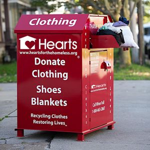 Clothing Donation Recycling Bin Powder Coated Steel Tall Modern Vertical Outdoor Sidewalk Community Cabinet