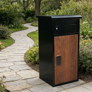 Black Wood Grain Metal Parcel Box for Garden Walkway Entrance Hotel Campus Sidewalk Backyard Outdoor with Powder Coated Waterproof Lid