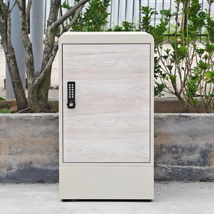 Cream Wood Grain Metal Parcel Locker for Outdoor Entrance Backyard Farm Warehouse Porch Garden with Anti Theft Lock Pedestal Base