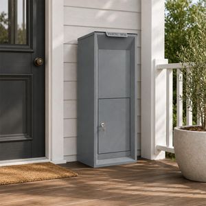 Grey Freestanding Metal Tall Parcel Box for Garden Front Yard Delivery Entrance Driveway Residential Community with Ventilation Holes Custom Size