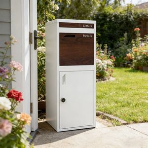 White Wood Grain Metal Tall Parcel Box for Front Door Entrance Farm Warehouse Outdoor Porch with Pedestal Base Drainage Holes
